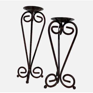 Pair of Wrought Iron Candle Holders Bronze Scroll French Country Candlesticks
